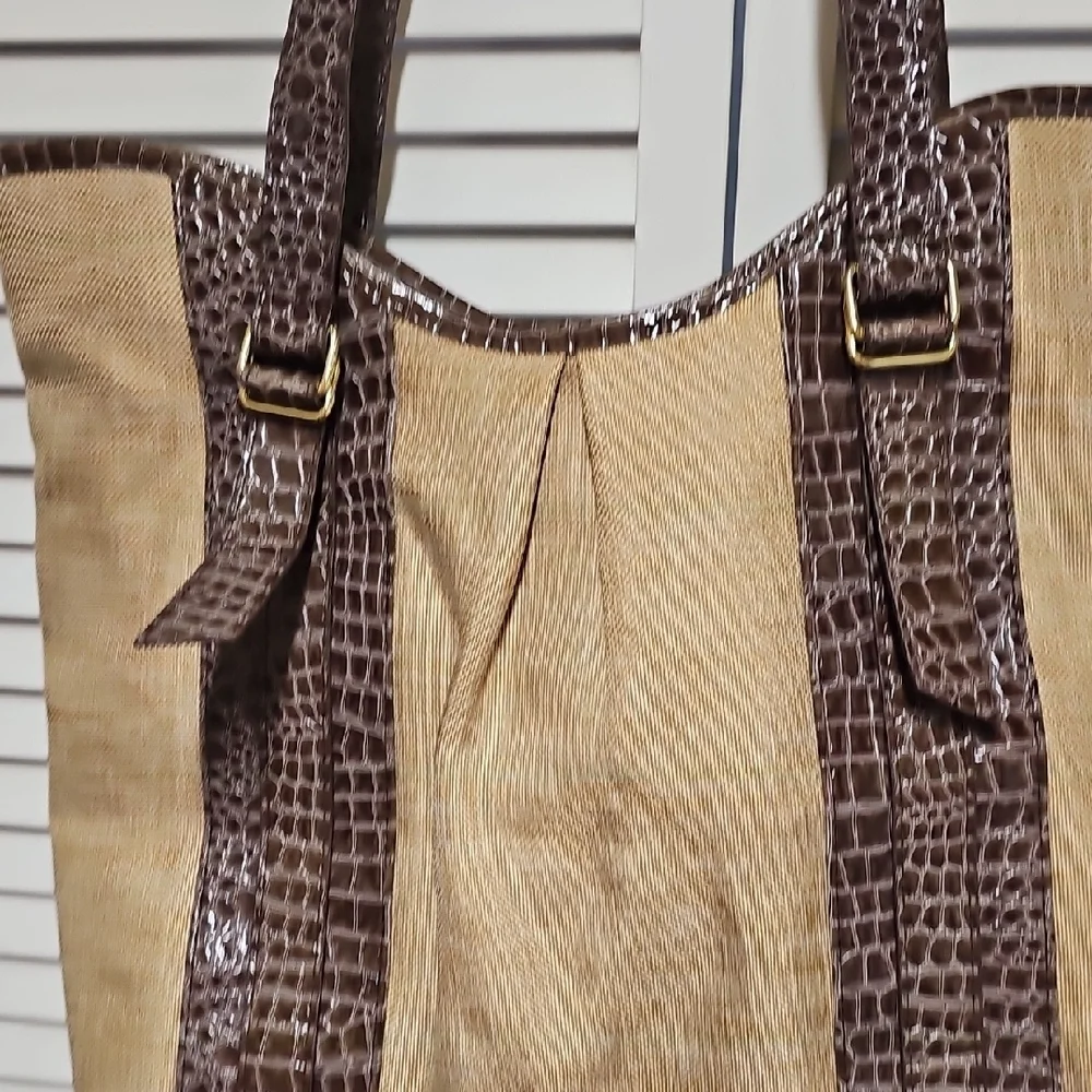 Vintage Estee Lauder Beige Canvas Tote with Brown Croc-Embossed Trim